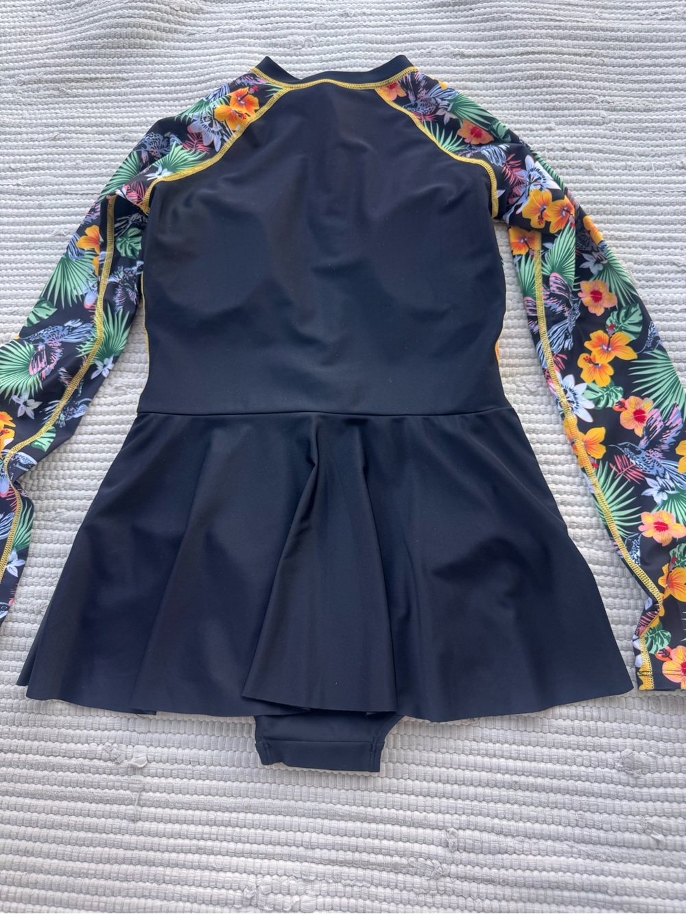 Amazon Black Tropical Floral Long-Sleeve Rash Guard Swim Dress with Yellow Trim - Picture 11 of 12